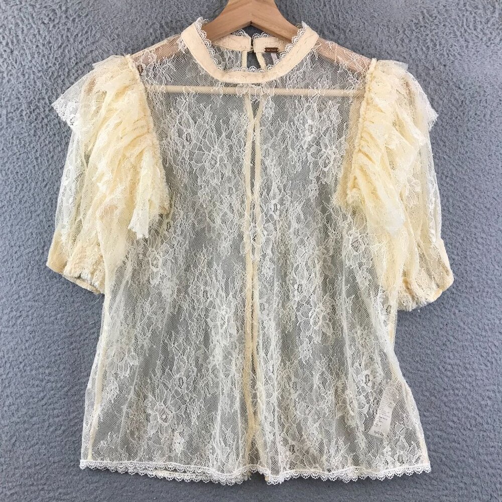 Free People Cream Lace Mock Neck Blouse with Ruffle Tiered Sleeves M